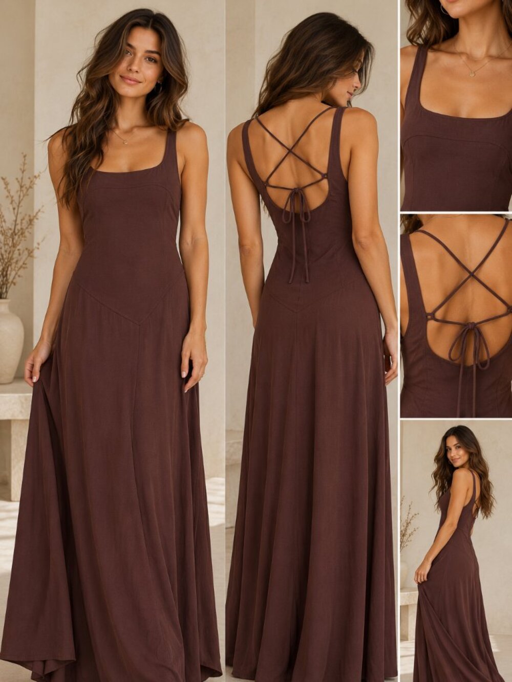 Mustard Seed Brown Cotton Hemp Lace Up Back Maxi Dress S